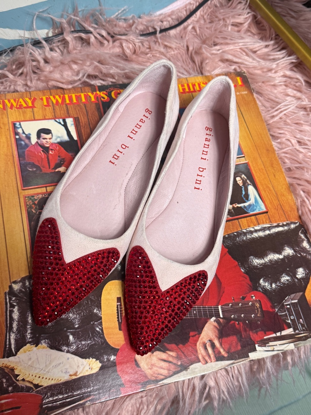 Gianni Bini Light Pink Flats with Red Crystal Pointed Toe